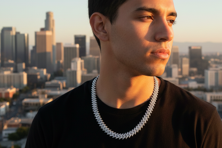 Rhodium Plated 925 Sterling Silver CZ Encrusted Spike Barbed Wire 13mm Chain