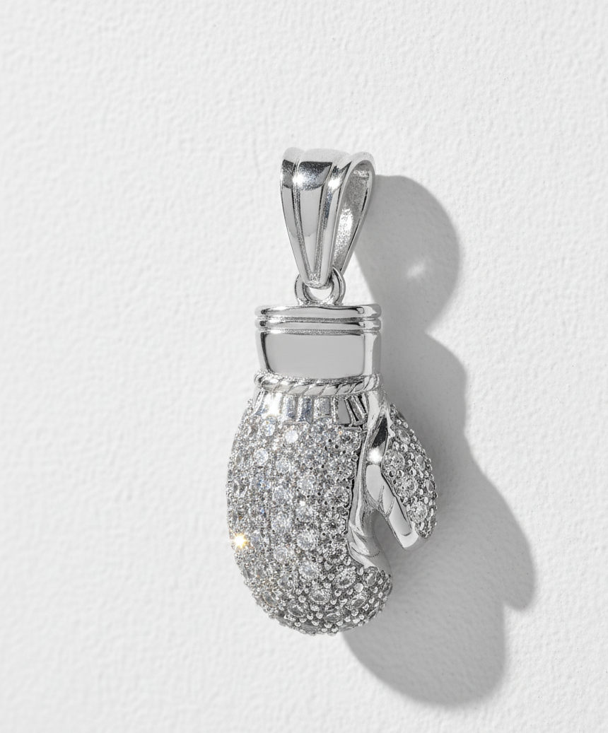 Rhodium Plated 925 Silver 3D Boxing Gloves Pendant with Clear CZ