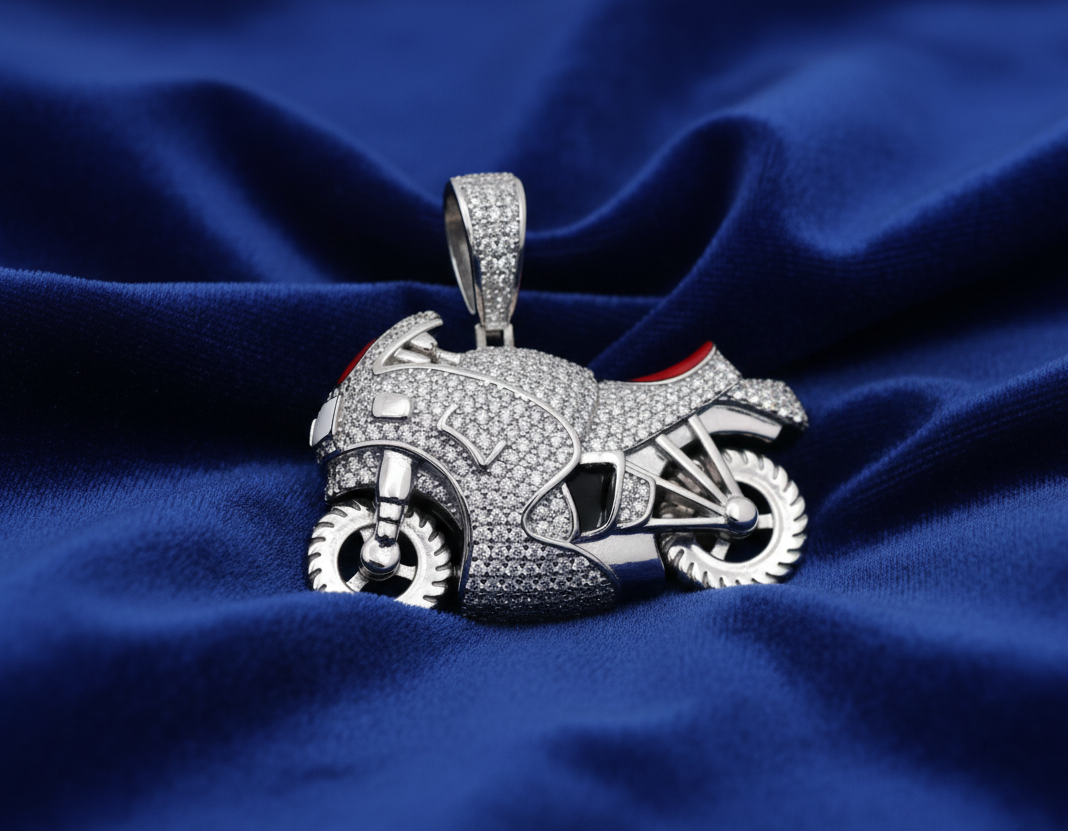 Rhodium Plated 925 Silver Motorcycle Red Enamel CZ Pendant
