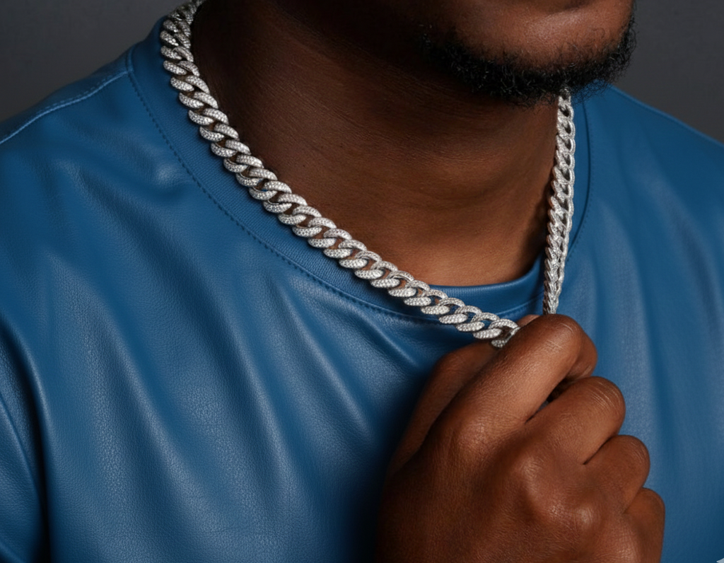 Rhodium Plated 925 Sterling Silver CZ Encrusted Curb Chain 11.7mm