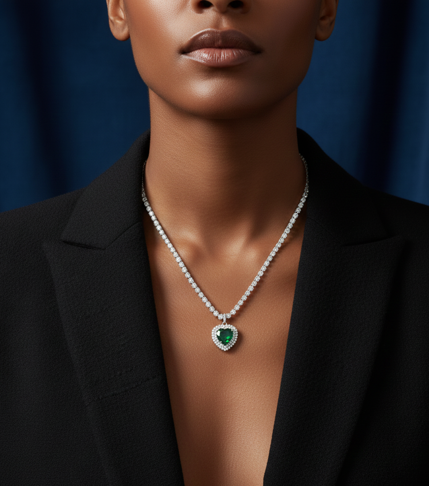 Rhodium Plated 925 Sterling Silver Green Heart CZ Pendant with 3.8mm Clear CZ Tennis Necklace