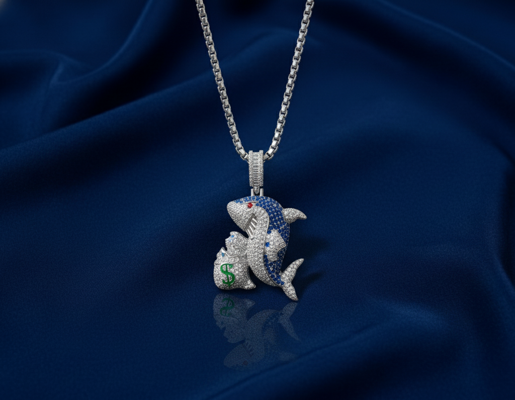 Rhodium Plated 925 Silver Money Bag Shark Pendant with Clear Blue CZ