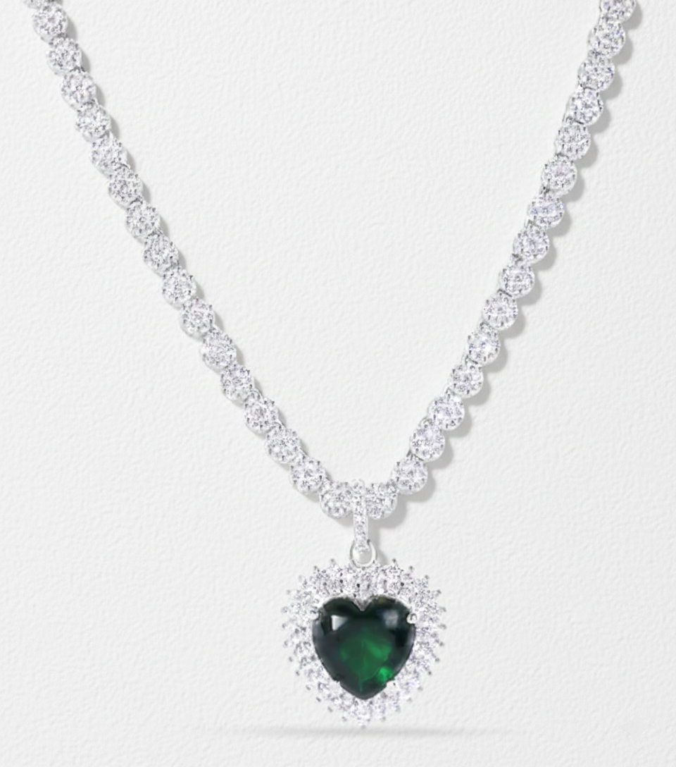 Rhodium Plated 925 Sterling Silver Green Heart CZ Pendant with 3.8mm Clear CZ Tennis Necklace