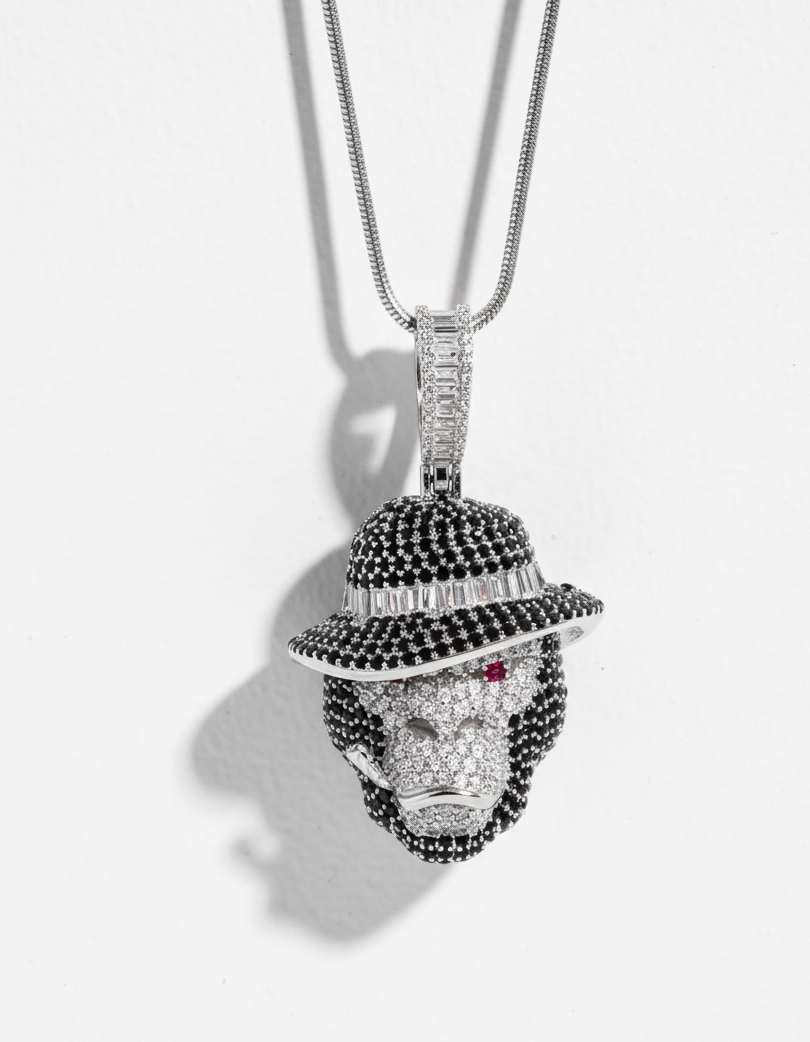 Rhodium Plated 925 Silver Smoking Ape Pendant with Red, Black &amp; Clear CZ
