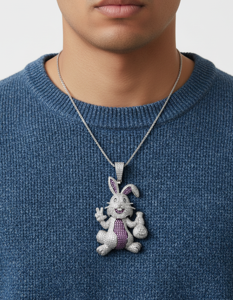 Rhodium Plated 925 Silver Rabbit Money Bag Pendant CZ