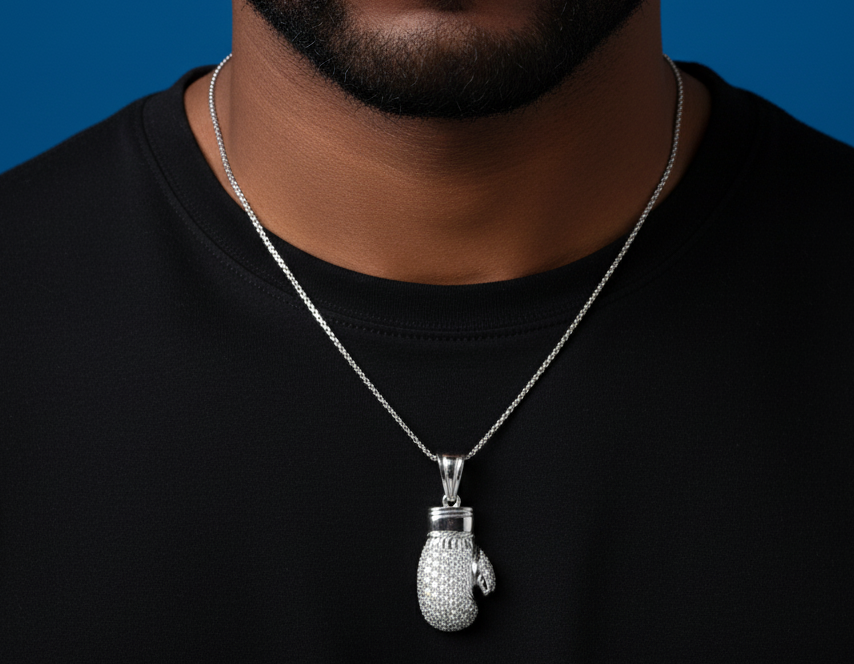 Rhodium Plated 925 Silver 3D Boxing Gloves Pendant with Clear CZ