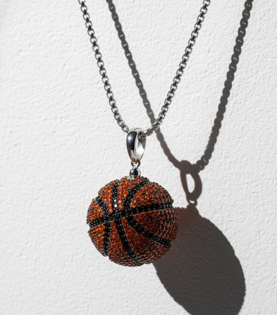 Rhodium Plated 925 Silver Basketball Pendant with Black & Orange CZ