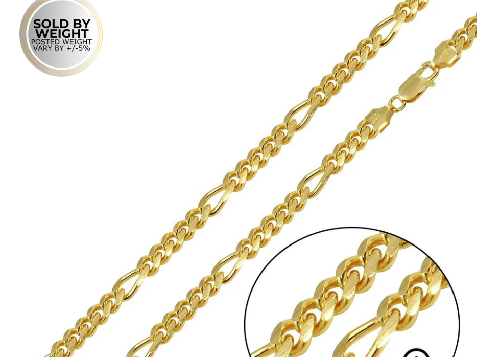 Gold Plated 925 Sterling Silver Figaro Cuban Chain 6mm
